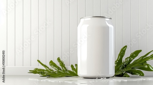 A sleek white soda can, adorned with green leaves, rests on a moist and reflective surface, creating a refreshing and contemporary aesthetic scene. photo