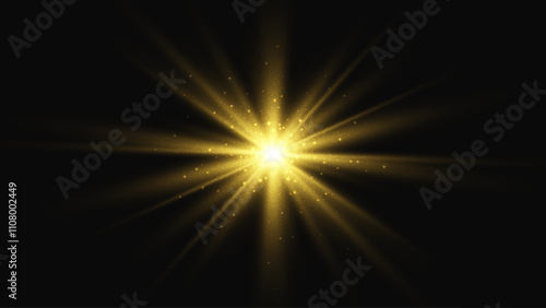 Gold light effect. Gold glitter star or sun. Vector background
