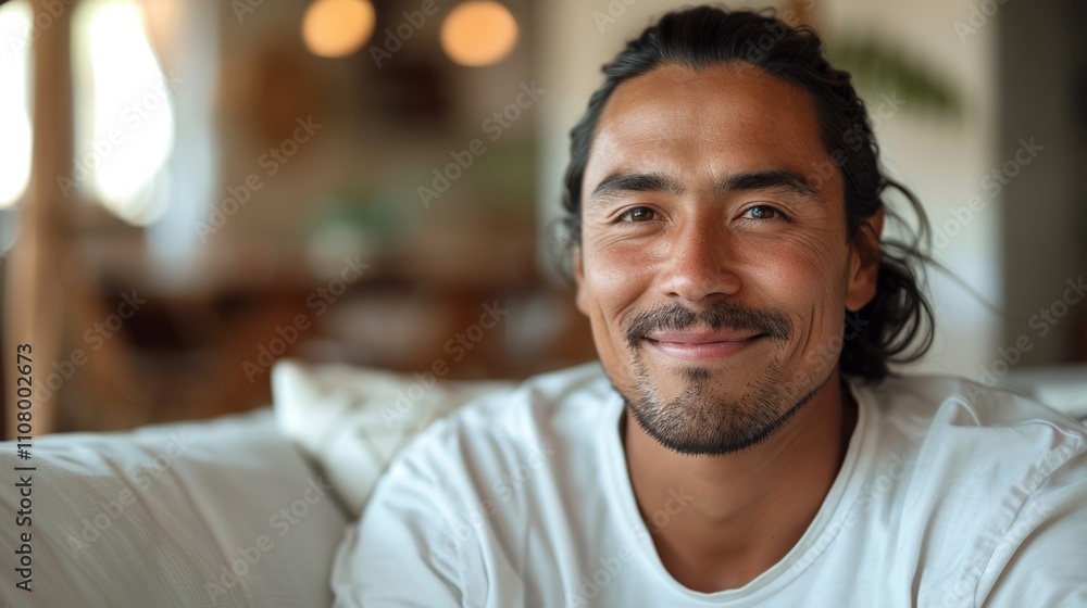 Obraz premium A man with long dark hair pulled back wearing a white t-shirt sits On a white couch smiling at the camera.