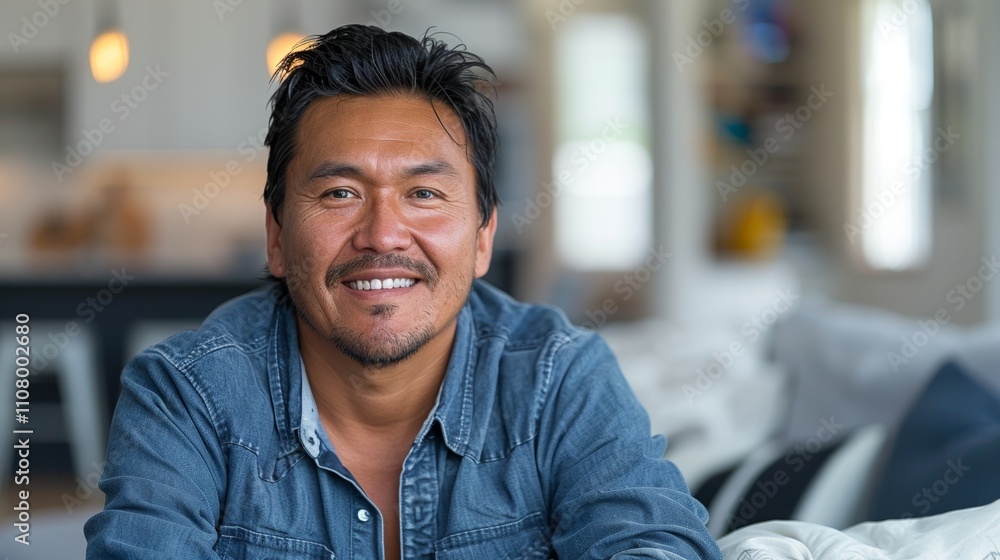 Obraz premium The image depicts a man with dark hair and a denim shirt sitting in a room with a blurred background.