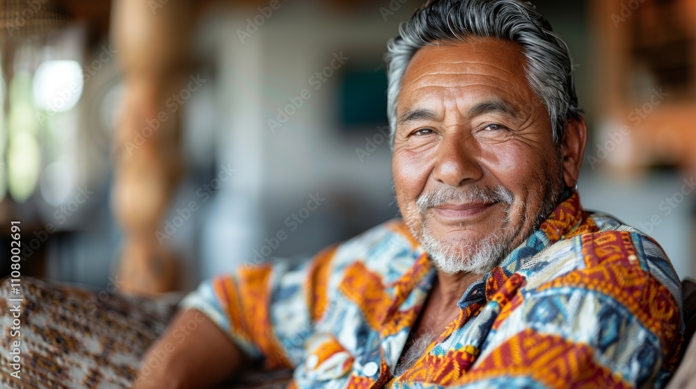 Obraz premium The image depicts an older man with gray hair dressed in a vibrant multicolored shirt sitting comfortably. He appears to be relaxed possibly at a restaurant Or in a casual setting.