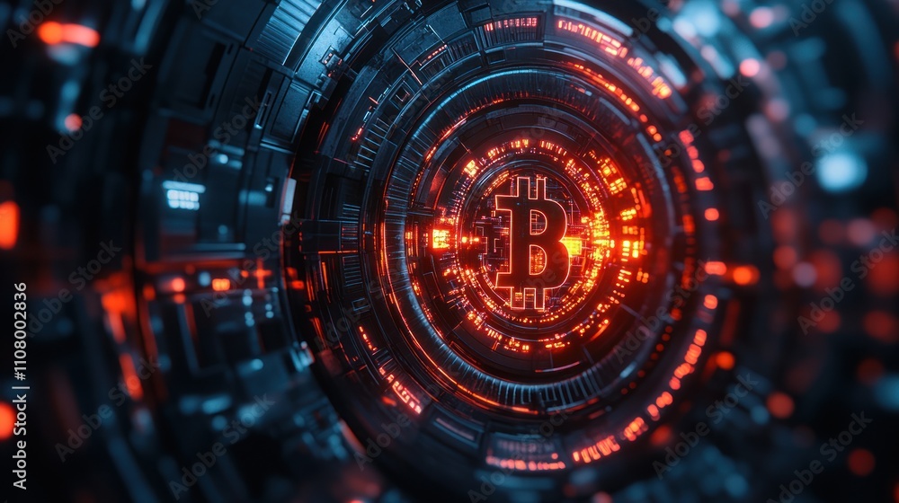 Obraz premium Glowing Bitcoin symbol in a futuristic digital setting.