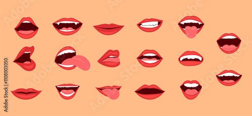 Cartoon mouth expressions set, lips and tongue in various positions. Facial gestures collection with pouting lips smiling sticking isolated vector illustration