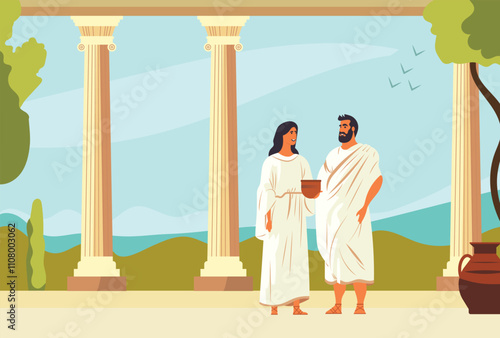 Two ancient Greek people standing and talking in athens garden. Background with columns and arches. Vector illustration