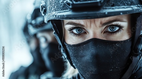 A close-up of a woman with steely eyes and a face mask in winter tactical gear, exuding confidence and determination against a backdrop of snow and comrades. photo