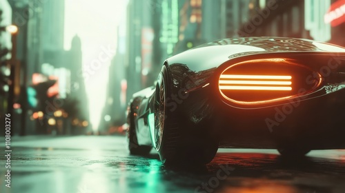 An evocative rear view of a futuristic car, set against a blur of neon urban lights, captures the dynamic blend of technology and fast-paced city living. photo