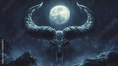 Moonlit horns pierce the shadows, intricate carvings weeping tears of darkness, as if ancient secrets seeped forth from. Infernal. Illustration