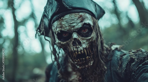 A terrifying skeletal pirate with deep, haunting eyes and crumbling skeletal features, wearing a classic weathered pirate hat in a spooky, misty forest setting. photo