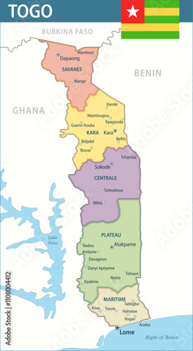 Togo Map Vector New 2024 Colorful - Customizable layered political map of Togo with administrative divisions for website, education, reports, news, politics, print, poster and wallpaper