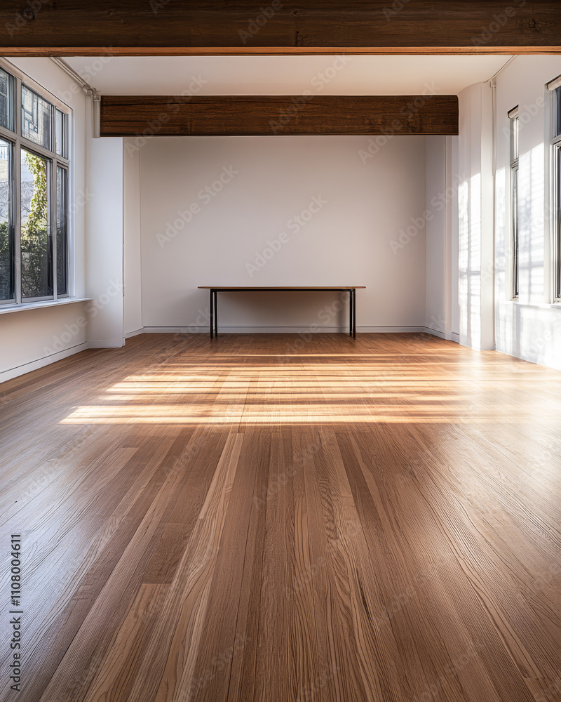 Light-filled room with wooden flooring and simple table in modern interior design Light-filled room with wooden flooring and simple table in modern interior design