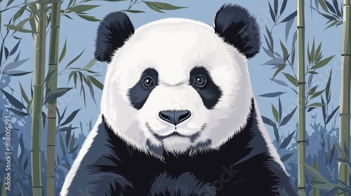 Giant panda bear illustration in style. Panda gazes directly at viewer. Surrounded by bamboo forest. Calm, serene scene. Great for wildlife lovers, nature enthusiasts, anyone appreciates animal photo