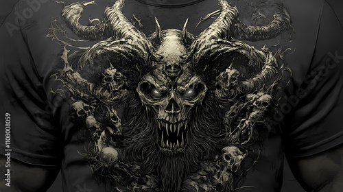 Infernal beastmaster of the abyssal plains - gothic horror and dark fantasy t-shirt design for aficionados of sinister occult, brutal creatures, and haunted art. Infernal. Illustration photo