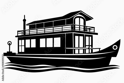houseboat line art silhouette vector illustration