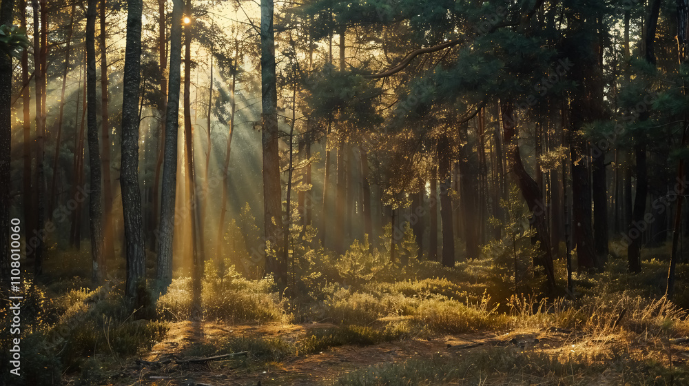 Fototapeta premium A pine forest bathed in sunlight, creating a mystical forest natural background