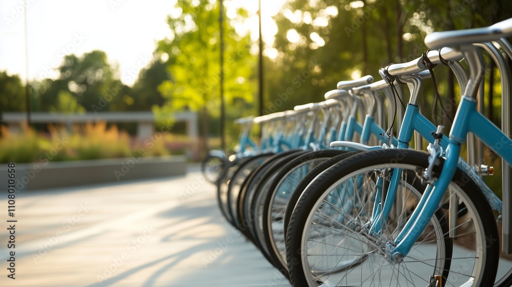 Fototapeta premium Bicycles lined up in a sunlit park during a clear afternoon