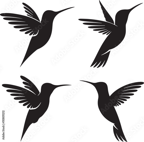 A series of four stylized black silhouettes vector of hummingbirds