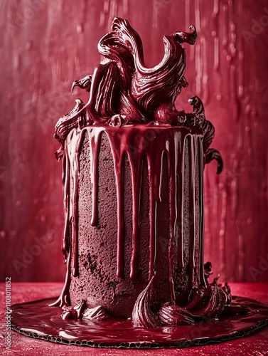 burgundy cake,  texture shapes and cream on top, this image is ideal for food and bakery content