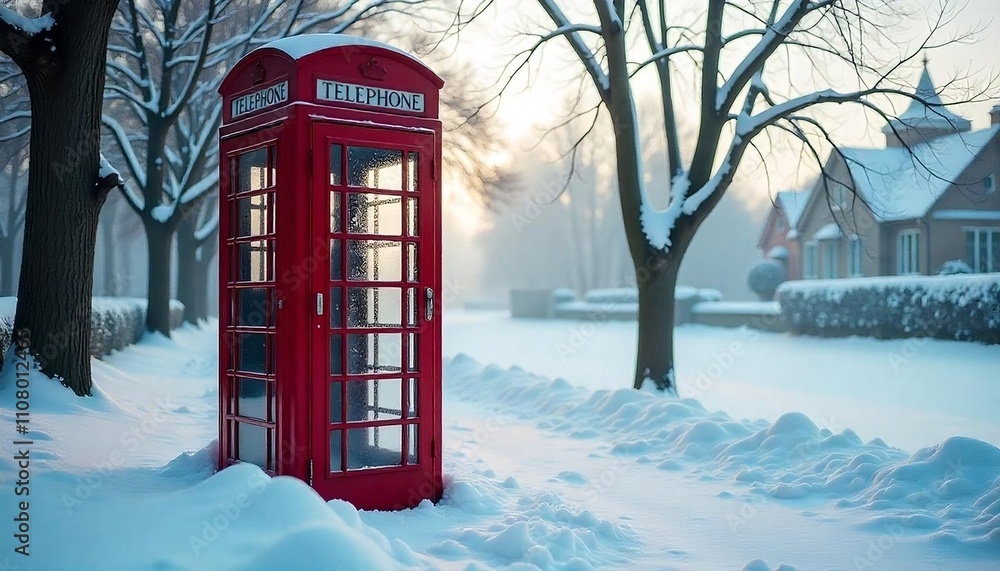 Obraz premium A red telephone booth with a cracked glass panel, surrounded by a snowy, icy environment with bare trees in the background, created with generative ai