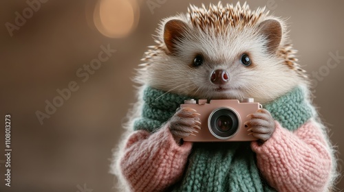 This whimsical image captures a hedgehog posing adorably while holding a camera, dressed in colorful knitted attire, offering a delightful and artistic visual treat. photo