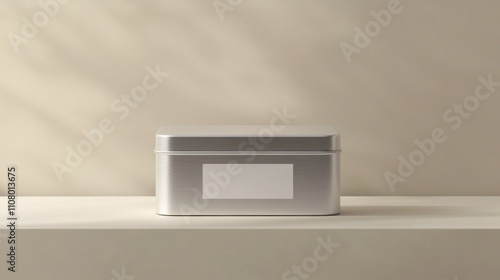 Sleek Brushed Aluminum Tea Tin: Gourmet Packaging with Wide Branding Panel and Precision Engineered Lid in Controlled Studio Lighting on Soft Neutral Background.