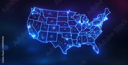 Neon Blue Outline of the United States Map with Glowing Stars Representing Major Cities