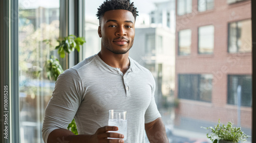 Young African American man in a casual gray henley shirt holding a glass of water near a window in a modern indoor setting. Lifestyle and wellness concept for design and print. photo