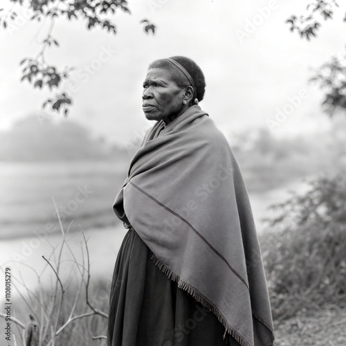 Black and white portrait of Harriet Tubman standing