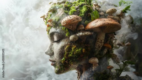 Enchanted Forest Goddess Face with Mushrooms and Moss Looping Video