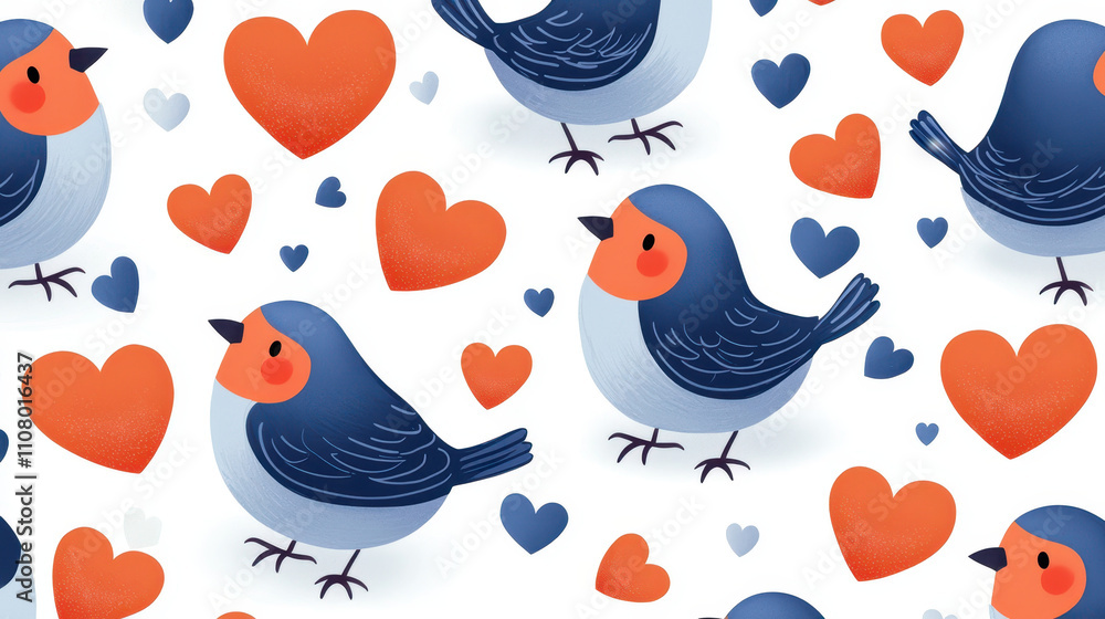 Fototapeta premium Cute seamless pattern featuring lovebirds and hearts, perfect for romantic designs and decorations. vibrant colors create cheerful and playful atmosphere
