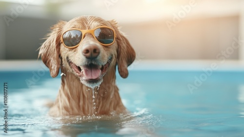 A cheerful golden retriever, wearing stylish sunglasses, enjoys swimming in a pool, exuding joy and playfulness with a sunny ambiance and refreshing blue water. photo