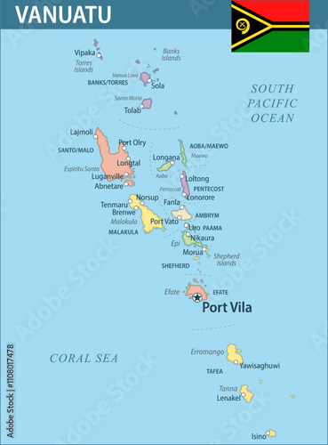 Vanuatu Map Vector New 2024 Colorful - Customizable layered political map of Vanuatu with administrative divisions for website, education, reports, news, politics, print, poster and wallpaper
