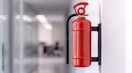 A red fire extinguisher mounted on a wall in a modern office space, symbolizing safety and fire prevention.