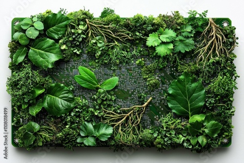 Illustration of motherboard or cicruit board covered with leaves roots and plants, concept of sustainable development and green energy ecology photo