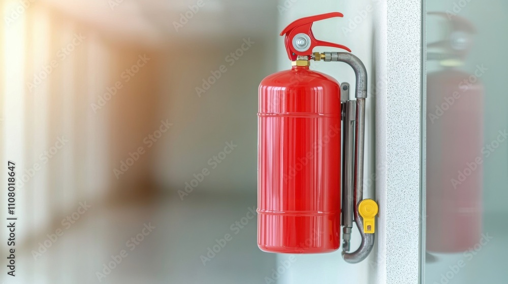 Obraz premium A bright red fire extinguisher mounted on a wall in a modern, well-lit hallway, emphasizing safety and fire prevention.