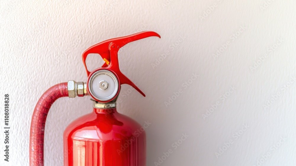 A red fire extinguisher mounted on a wall, featuring a nozzle and hose, emphasizing safety and fire protection. A red fire extinguisher mounted on a wall, featuring a nozzle and hose, emphasizing safety and fire protection.