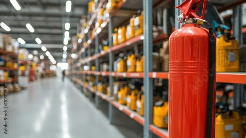 A red fire extinguisher is prominently displayed in a warehouse filled with various equipment and safety tools along the shelves.