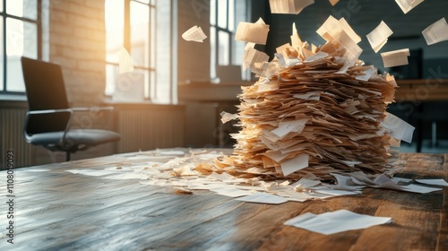 Papers cascade from an overfilled stack on an office desk, highlighting chaos and disarray in an empty office illuminated by natural light. photo