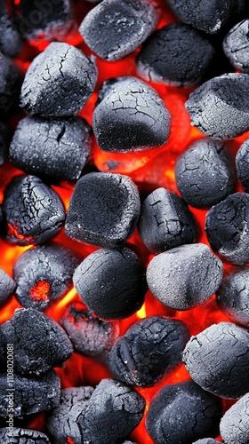 Intense glow of burning coal fills the firebox of a vintage home stove with warmth and character photo