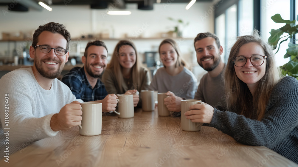 Obraz premium Startup Team Enjoying Coffee Mugs During Casual Breakfast Meeting