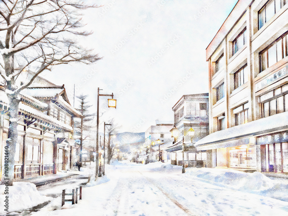 Fototapeta premium 冬の日本の街並み イラスト