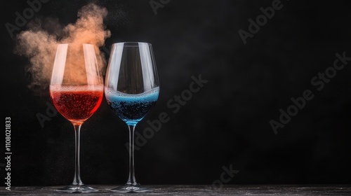 Two glasses filled with vivid red and blue liquids exude an aura of mystery and allure, enhanced by swirling colors and dramatic steamy effects. photo