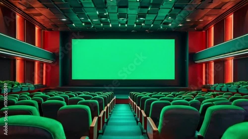 Cinema interior of movie theatre with blank movie theater screen with green screen and empty seats. Movie entertainment concept. photo