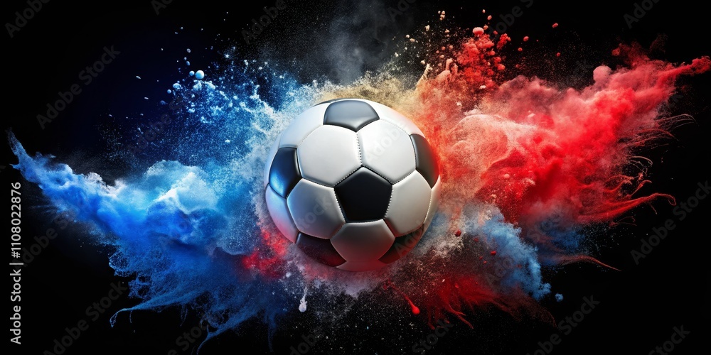 Fototapeta premium Soccer Ball in Color Explosion Red, Blue, and White Paint Splash Photography, Sports, Abstract Soccer, Photography