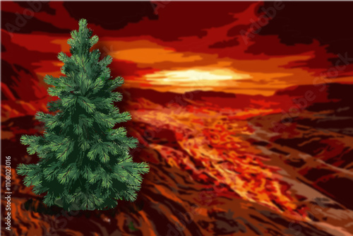 green Christmas or New Year tree on an apocalyptic background