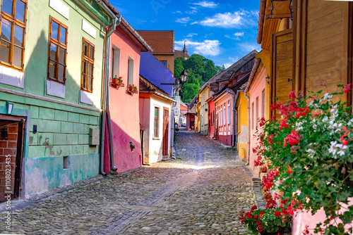 Medieval cityscape architecture in Sighisoara town, historical region of Transylvania, Romania, Europe