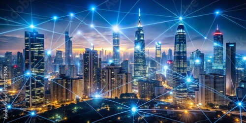 Wallpaper Mural Night Cityscape Networked Skyscrapers, Aerial View, Smart City Concept, Digital Infrastructure Smart City, Network Connectivity Torontodigital.ca