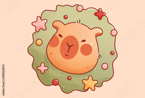 Kawaii Christmas capybara head in New Year wreath.