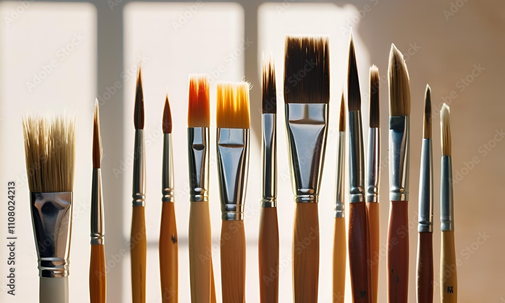 Fototapeta premium Neatly Arranged Paintbrushes on a light, textured background