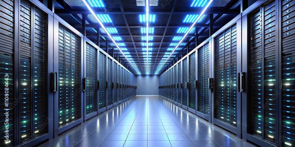 Obraz premium Illuminated Server Room Rows of Racks, Blue Lighting, Data Center Concept, Server Farm Data center, server infrastructure