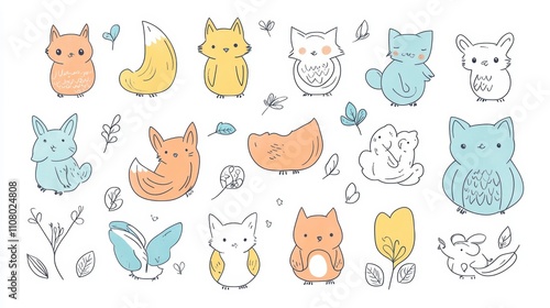 Cute minimalist animal illustrations featuring foxes owls and more modern aesthetic playful environment whimsical concept photo